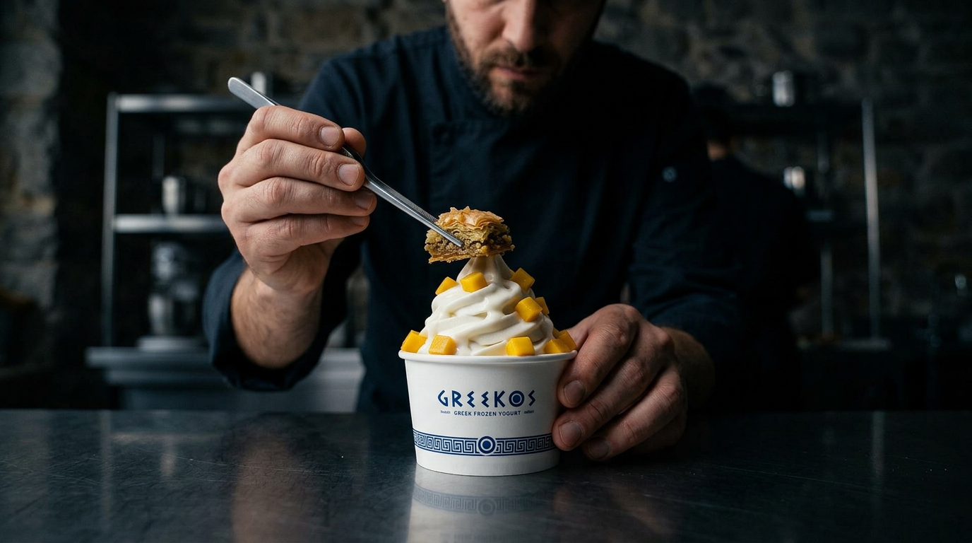 Chef colocando baklava sobre una torre de greek frozen yogurt