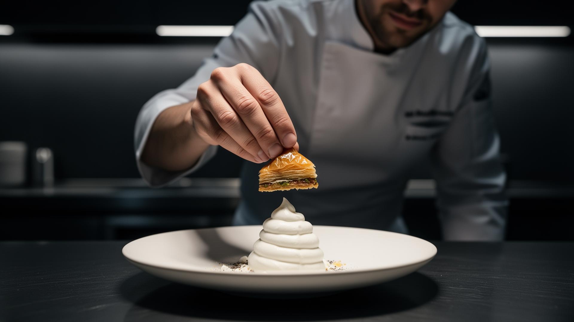 Chef colocando baklava sobre una torre de greek frozen yogurt