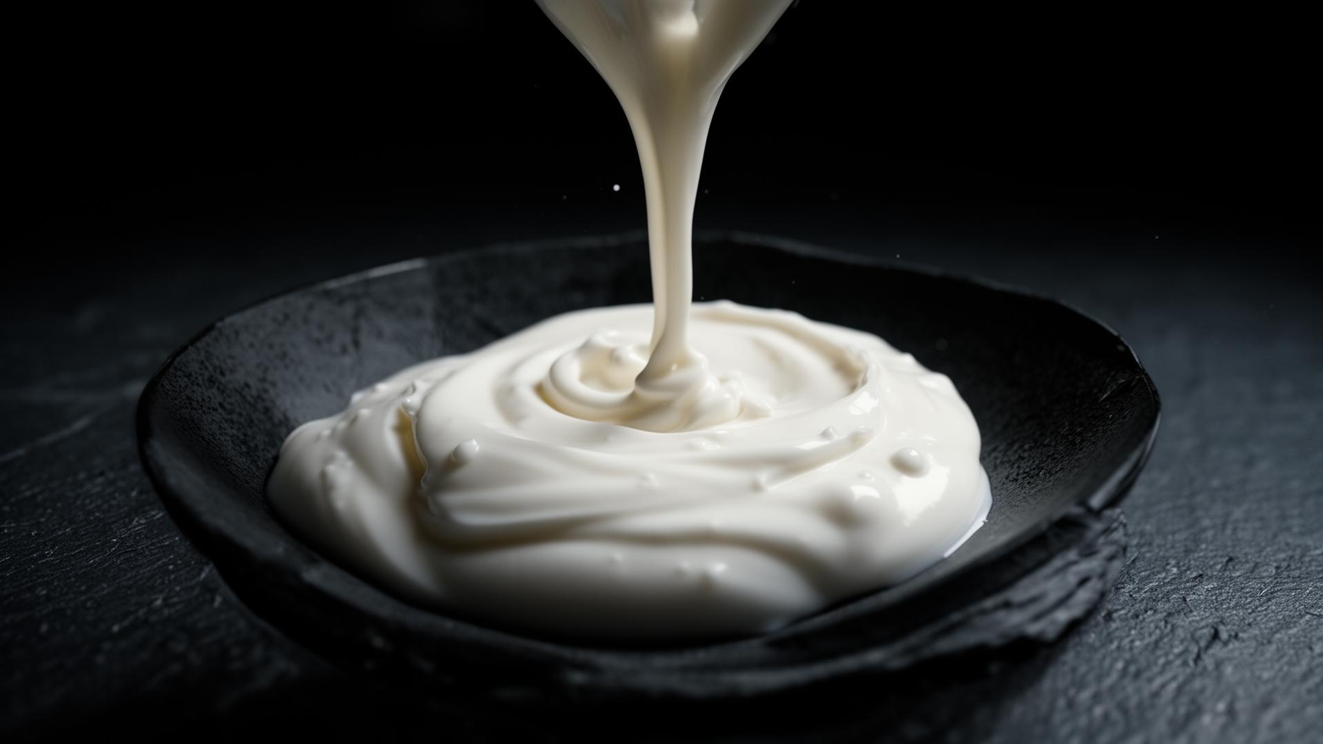 Yogurt griego cayendo en cámara lenta sobre un cuenco de pizarra